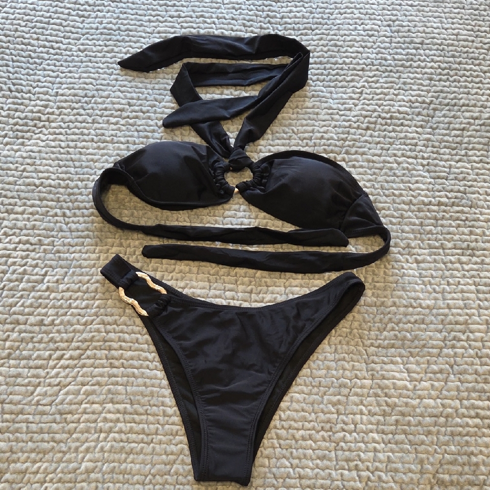 Black Halter Ring Bikini Set